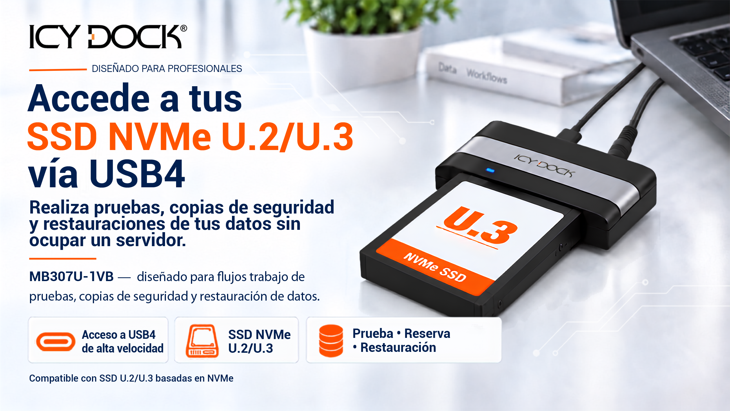 ICY DOCK MB307U-1VB USB4 adapter connected to a compatible host system with a U.2/U.3 NVMe SSD inserted.