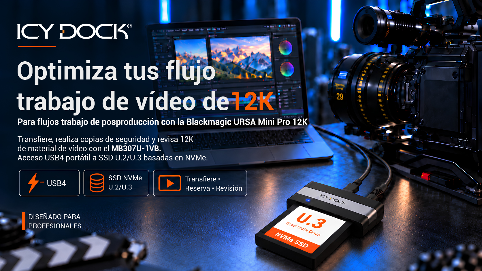 MB307U-1VB used to access U.2 NVMe SSD data from Blackmagic URSA Mini Pro 12K workflows for transfer, backup, and review.
